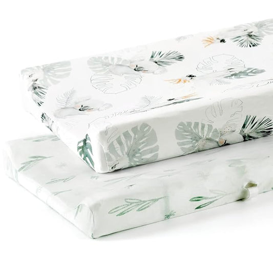 GRSSDER Stretch Ultra Soft Jersey Knit Changing Pad Cover Set 2 Pack, Change Table Pad Covers Fit 32"/34" x 16" Pads Safe and Snug, Stylish Watercolor Animals for Baby, Mint Green