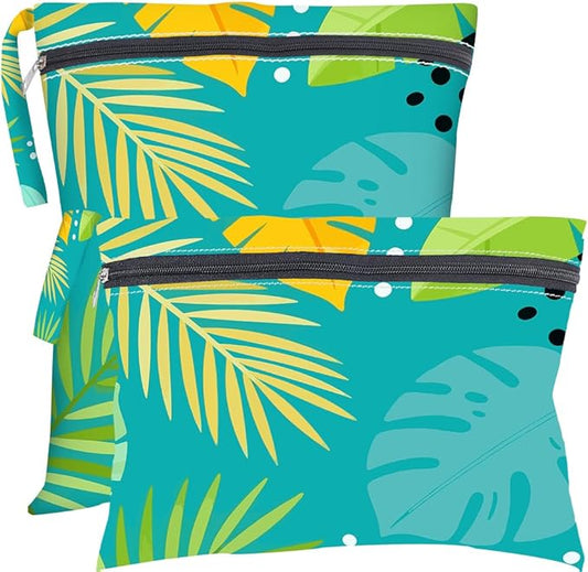 2Pcs 2 Sizes Tropical Dry Bag Wet Bag Swimsuit Green Plam Leaf Pattern Polyester Waterproof Sandproof Reusable Storage Zipper Pouches for Friends Swimsuit Travel Dirty Diaper Clothes Gifts