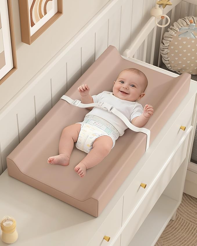 YACODAVO Wipeable Baby Changing Pad for Dresser and Table, Cozy Diaper Changing Pad with Waterproof & Wipe-Clean Leather Cover, Light Brown