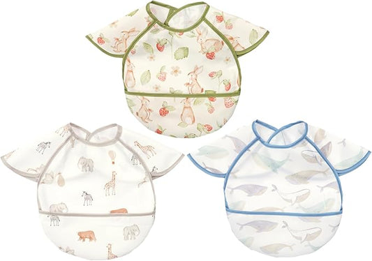 Feeding Bibs for Baby,3 Pack-Waterproof & Easy Clean Baby Bibs for Eating,Toddlers & Infant,Reversible Pockets