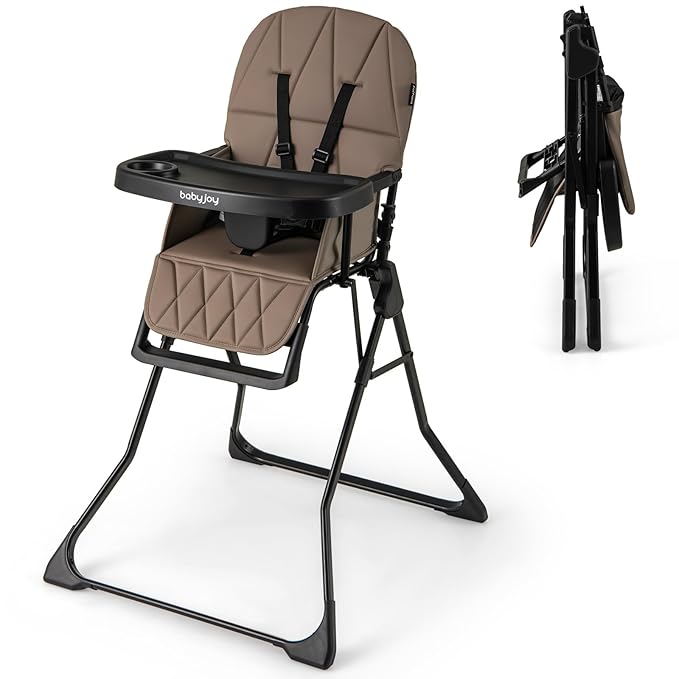 BABY JOY Foldable High Chair, Portable Highchairs for Babies and Toddlers with 3-Position Adjustable Tray & Footrest, Removable Seat Cushion, 5-Point Safety Harness, Space Saving Design (Coffee)