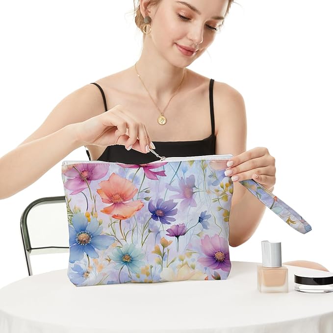 Fokongna Floral Print Wet Bag, Small Portable Waterproof Multi-Functional Organizer for Women, Rainbow Watercolor Floral, Ideal for Daily, Beach & Travel