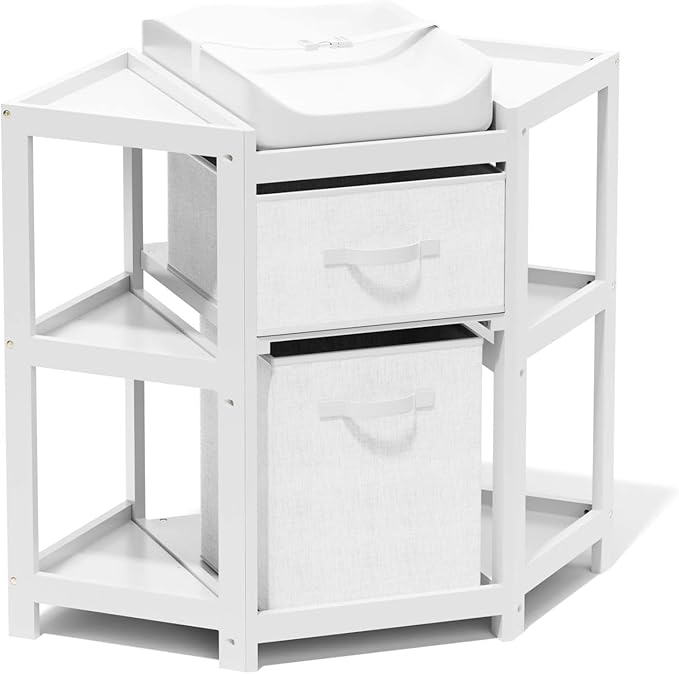 KORIMEFA Changing Table with Drawers, Corner Baby Diaper Changing Station with Laundry Hamper, Storage Bin, and Contoured Pad for Baby - White
