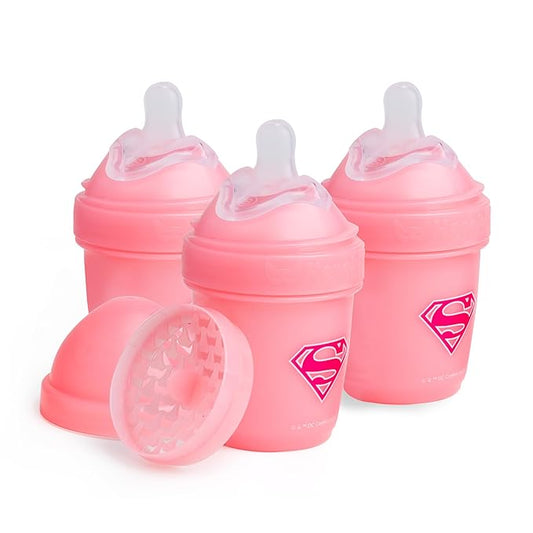 Herobility Anti-Colic Baby Bottles 5 oz / 140 ml – Pack of 3 Newborn Baby Bottles, Slow Flow Plastic Bottles, Breast-Shaped Teat for Breastfed Babies, Small Baby Bottles, Swedish Design, Supergirl