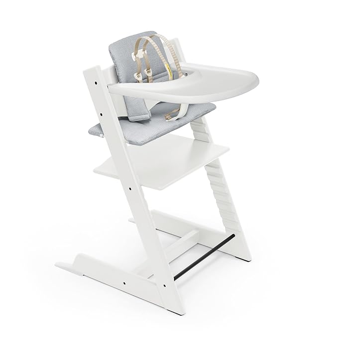 Stokke Tripp Trapp High Chair and Cushion with Tray - White with Nordic Blue - Adjustable, Convertible, All-in-One High Chair for Babies & Toddlers