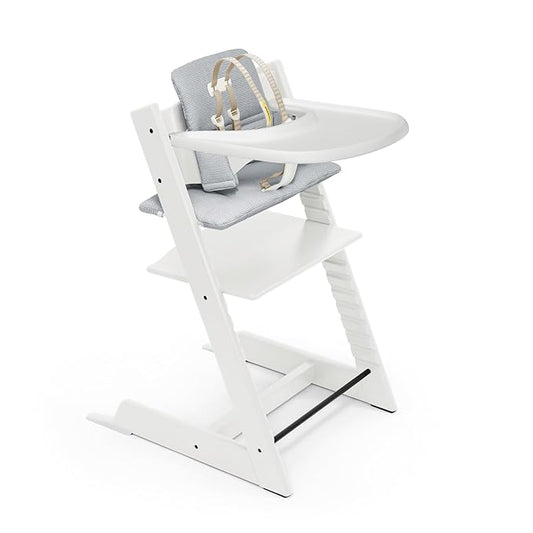 Stokke Tripp Trapp High Chair and Cushion with Tray - White with Nordic Blue - Adjustable, Convertible, All-in-One High Chair for Babies & Toddlers