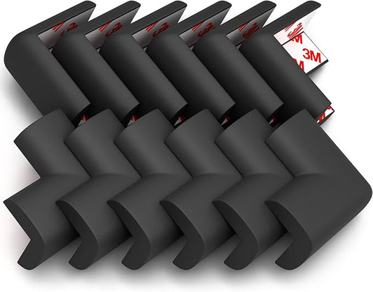 12-Pack Baby Proofing Corner Protectors, Furniture Corner and Edge Safety Bumpers, Soft Rubber Foam Cushion Covers, 3M Taped Corner Guards, Baby Child Proofing Pads, Table Corner Covers, Black