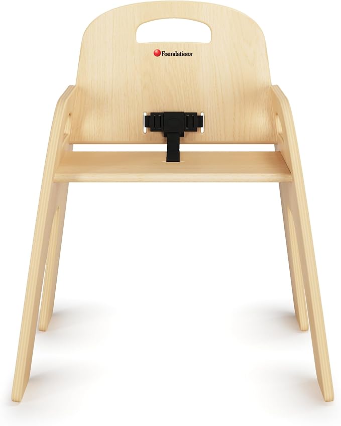 Foundations Simple Sitter 13” Low Wood Feeding Chairs, Wide No-Tip Base, Adjustable Safety Harness, Stackable Wood Toddler Chairs with Wipeable Finish, 2 Pack