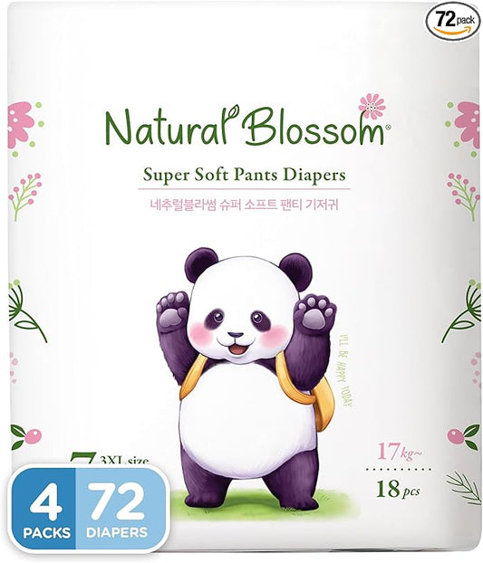 Natural Blossom Pull-On Baby Diapers | Ultra-Slim, Hypoallergenic, Super Soft, Vegan | Size 7 (5T-6T, 37 lbs and Over) | 72 Count