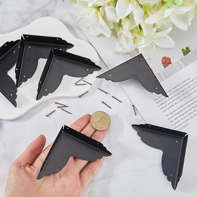 CRASPIRE 6Pcs 2.7"X2.7" Vintage Furniture Corner Protectors Black Metal Decorative Guard Cabinet Bumpers Edge Corner Protectors with Screws for Cupboard Table Desk Jewelry Box Gift Wooden Case