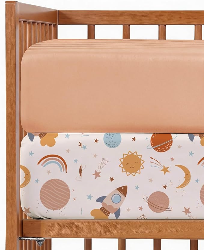 2-Pack Mini Crib Sheets Fitted - Pack N Play Sheets for Pack and Play Mattress - Stretchy Soft Microfiber Playard Bedding - Mini Toddler Bed Cover for Boys & Girls - Oeko-Tex - 38 x 24in, Space Boy