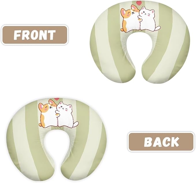 Light Green Stripes Nursing Pillow Covers for Bebe Girls and Boys Breathable Nursing Pillow Slipcover Baby Pillow Cover Feeding Position Support,Kitten Puppy(Cover Only)