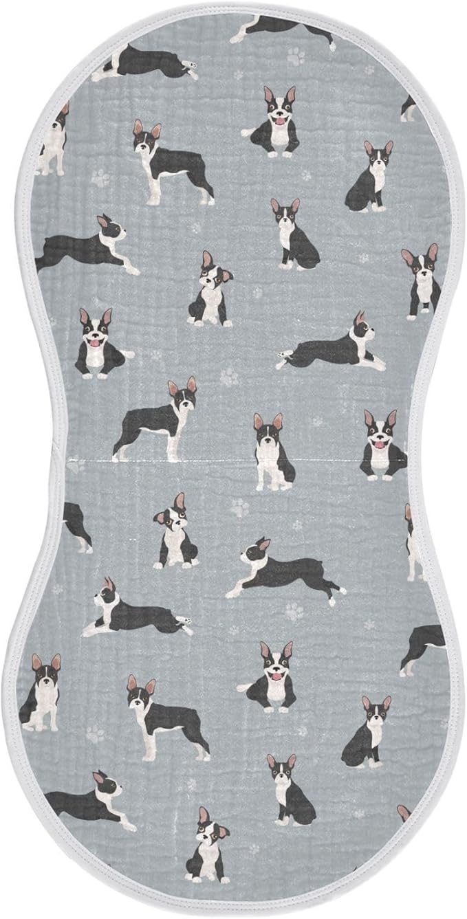 Muslin Burp Cloths for Baby Boys and Girls - 1-Pack Ultra Absorbent Boston Terrier Dog Muslin Washcloths, Newborn Towel, Milk Spit Up Rags, Burp Cloth Bib for Unisex, 22 x 11 Inch
