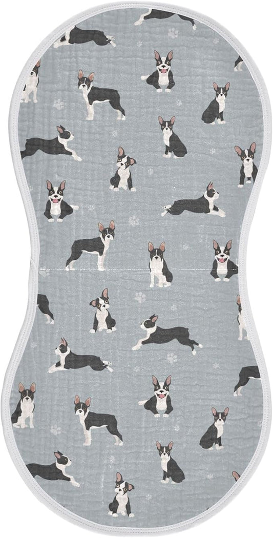 Muslin Burp Cloths for Baby Boys and Girls - 1-Pack Ultra Absorbent Boston Terrier Dog Muslin Washcloths, Newborn Towel, Milk Spit Up Rags, Burp Cloth Bib for Unisex, 22 x 11 Inch
