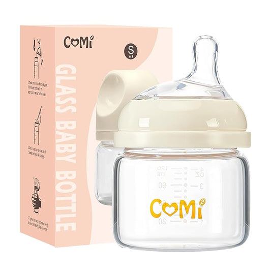 COMI Natural Glass Baby Bottles for Breastfeeding Babies,Newborn Anti-Colic Baby Bottle Set with Slow Flow Nipple,0-3 Months,BPA-Free,4 oz,1 Pack