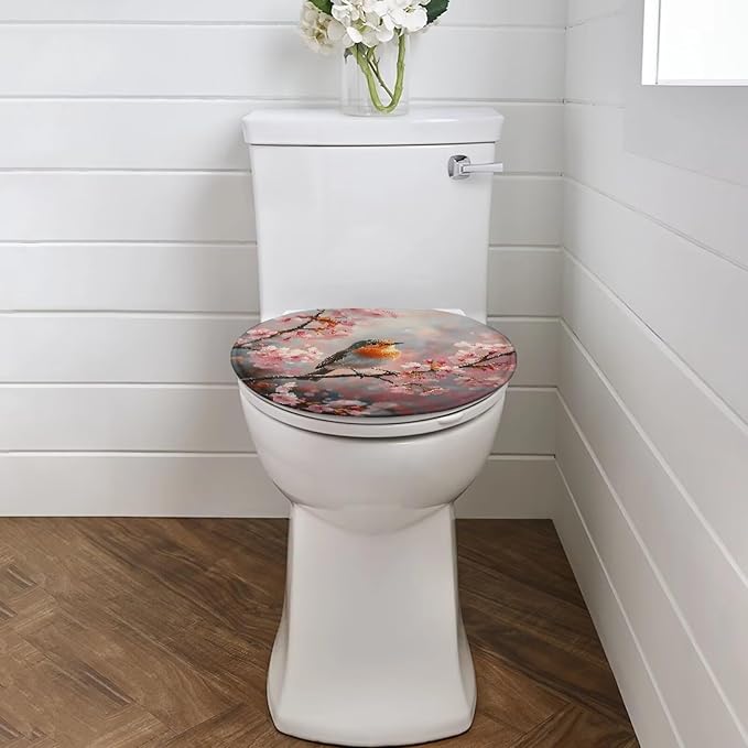 Robin Bird with Flower Toilet Seat Covers for Bathroom Decoration Flannel Fabric Soft Bathroom Covers Keep Clean Tidy Suitable for Public Bathrooms Long-Term Travel Boarding