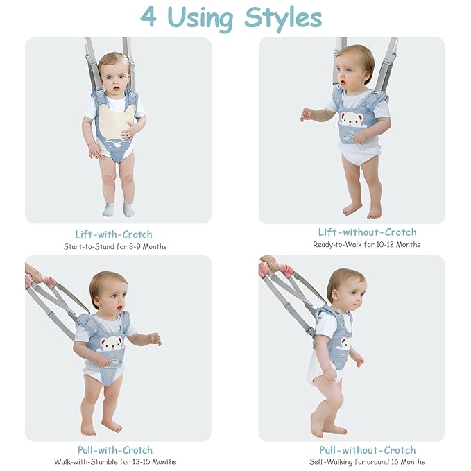 Baby Walking Harness Handheld Baby Walker Assistant Belt Adjustable Toddler Infant Walker Harnesses Standing Up Walking Learning Helper with Detachable Crotch for 9-24 Month Old (Blue)