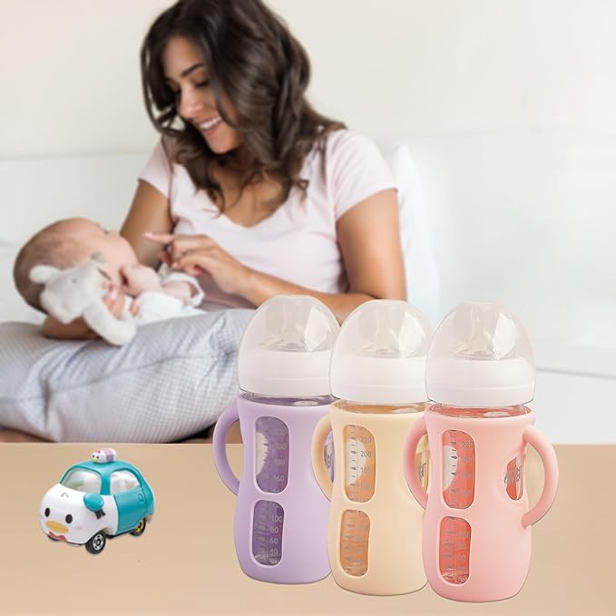 3 Pack Silicone Sleeves for Avent Natural Glass Baby Bottles, Anti Breakage Baby Bottle Holder, Compatible with Philips Avent Glass Natural Baby Bottle (Cute Pink+Light Purple+Beige, 8 OZ)