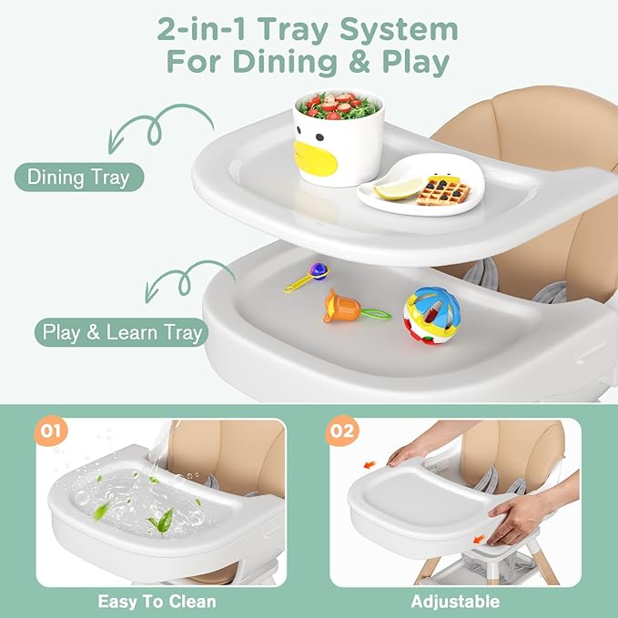 EROMMY 360° Swivel Baby High Chair,6-in-1 Convertible Wooden High Chair for Babies and Toddlers-Baby Feeding Chair with 5-Point Harness,Adjustable Highchair Features,Removable Double Tray
