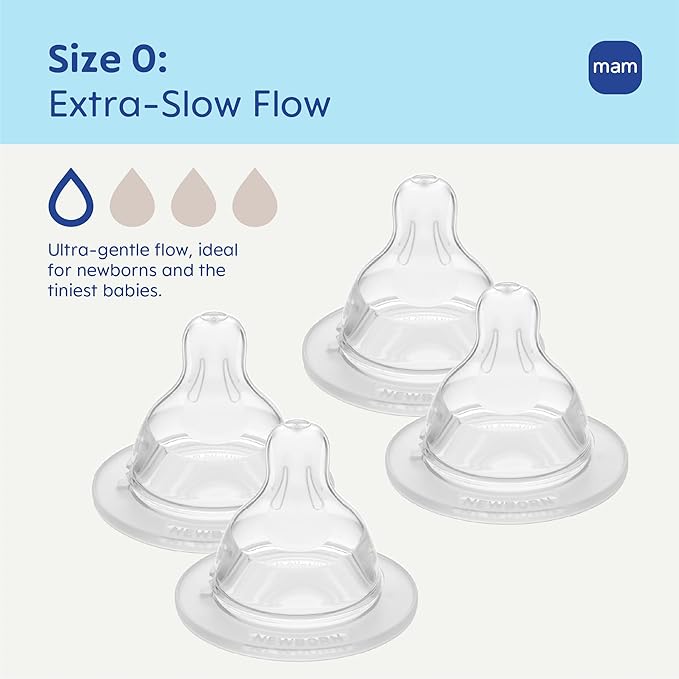 MAM Baby Bottle Nipples Extra Slow Flow Size 0, for 0+ Month Newborn Babies, Skin Soft BPA Free Silicone, 94% Nipple Acceptance, Fits All MAM Bottles, Developed with Medical Experts, Made in Europe