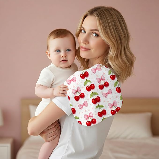 5 Pack Baby Burp Cloths, Soft Cotton Sweet Cherry Theme Burp Cloths, Super Absorbent Cute Fruit Orchard & Gingham Print Washcloths, Newborn Baby Girl Essentials Gift Set