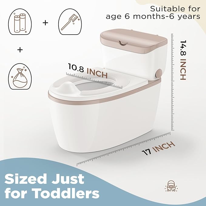 3-in-1 Toddler Potty Training Toilet with Flushing Sound, Wipes Storage & Toilet Paper Holder, Realistic Potty Chair with Detachable Seat and Easy-Clean Design for Boys & Girls Ages 18+ Months (Brown)