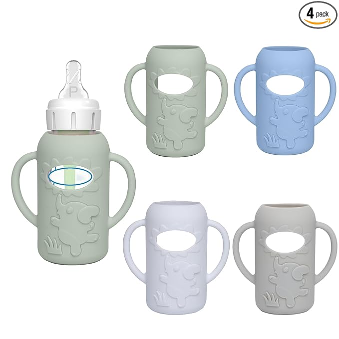 4 Pack Silicone Sleeves for Dr. Brown's Glass Baby Bottles -Drop Protection Easy-Grip Baby Bottle Sleeves Holder with Handles, Compatible with Dr. Brown's Newborn Glass Bottles 4 oz/120 ml