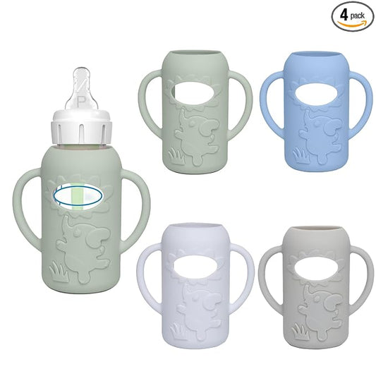 4 Pack Silicone Sleeves for Dr. Brown's Glass Baby Bottles -Drop Protection Easy-Grip Baby Bottle Sleeves Holder with Handles, Compatible with Dr. Brown's Newborn Glass Bottles 4 oz/120 ml