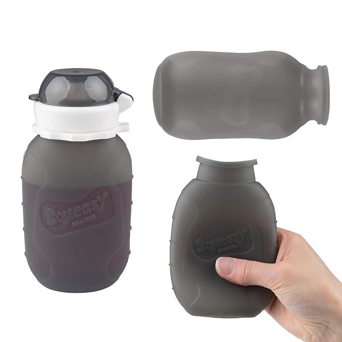 Grey 6 oz Squeasy Snacker Spill Proof Silicone Reusable Food Pouch - for Both Soft Foods and Liquids - Water, Apple Sauce, Yogurt, Smoothies, Baby Food - Dishwasher Safe