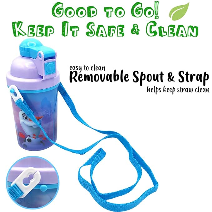 Zak Designs Disney Frozen One Touch Button Water Bottles with Reusable Built in Straw, Carrying Strap - Safe Approved BPA Free, Easy to Clean, for Kids Girls Boys, Goodies Home Travel