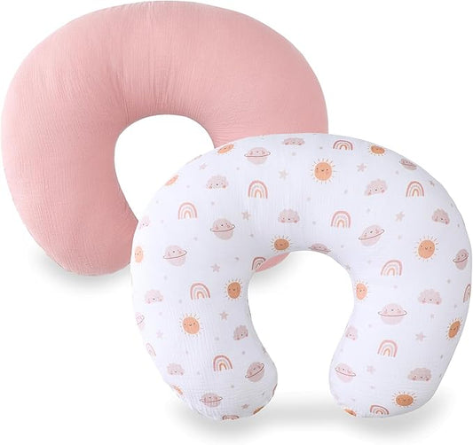 TADO MUSLIN Nursing Pillow Cover 2-Pack, 100% Organic Cotton Muslin Breastfeeding Pillow Covers, Hidden Zipper, Fits Standard U-Shaped Nursing Pillows, Machine Washable, Unisex Neutral Soft and Cute