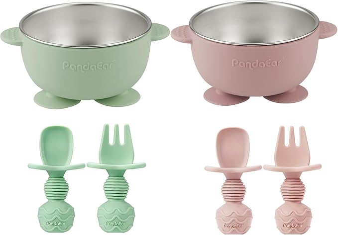 PandaEar 2 Pack Stainless Steel Baby Suction Bowls & 4 Pcs Silicone Baby Utensils Set, Non-Slip Toddler Food Bowls with Silicone Sleeve & Anti-Choke Spoon Fork Set for Babies Led Weaning