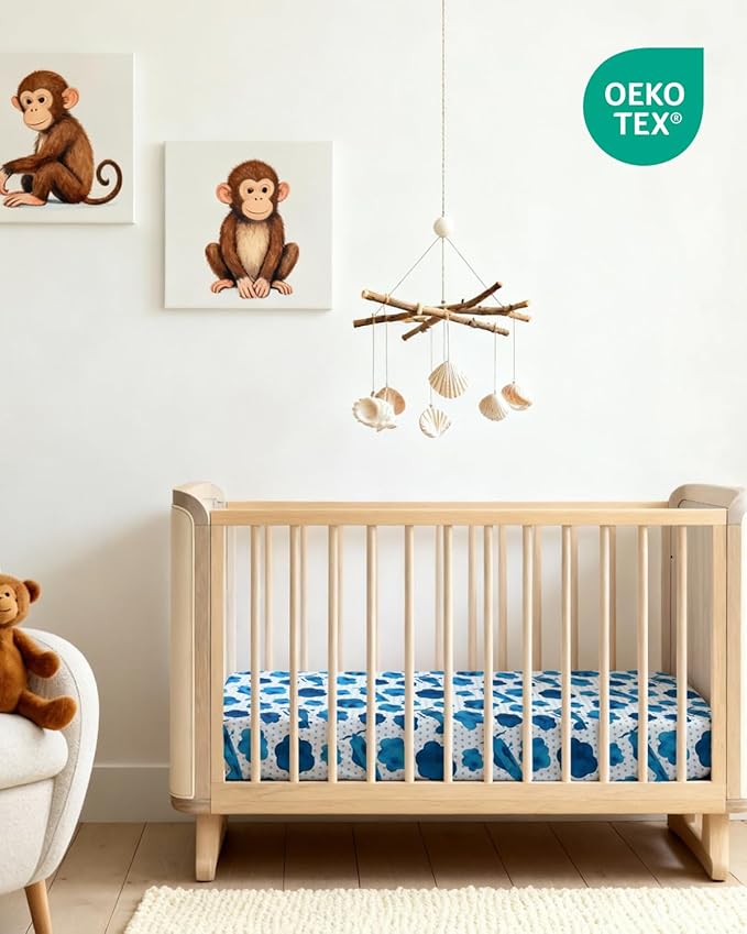 Baby Crib Sheets for Boys & Girls - Pack of 2 Fitted Microfiber Crib Sheets for Standard Crib & Toddler Mattress - Soft, Breathable & Wrinkle Free - Machine Washable, Oeko Tex - 52x28x8in - Plane Sky
