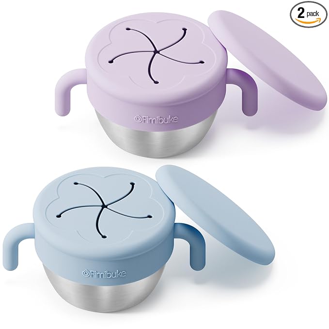 Fimibuke Snack Containers for Toddlers Kids, 12 OZ Spill Proof Stainless Steel Baby Snack Cups with Removable Silicone Food Catcher, Handles & Travel Lid BPA-Free Dishwasher Safe Food Container 2 Pack