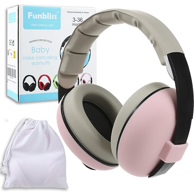 Funbliss Baby Ear Muffs Noise Protection for Infant and Baby 3-36 Months - Noise Cancelling Headphones for Ear Protection with Storage Bag,Pink-Gry