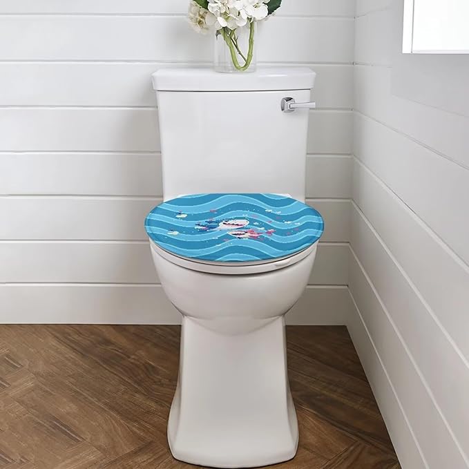Cute Cartoon Shark Toilet Lid Covers Flannel Fabric Breathable Toilet Seat Covers for Kids Bathroom Decor, Dustproof Seat Covers Keep Clean Tidy Reusable Toilet Protector