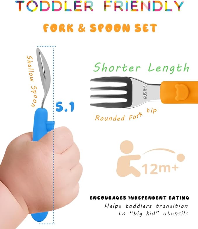 Bakpoco 6PCS Toddler Utensils, 316 Stainless Steel Baby Safe Forks + Spoons with Silicone Handle, BPA Free Dishwasher Safe Kids Silverware Cutlery with Box, Bright Orange/Blue/Green