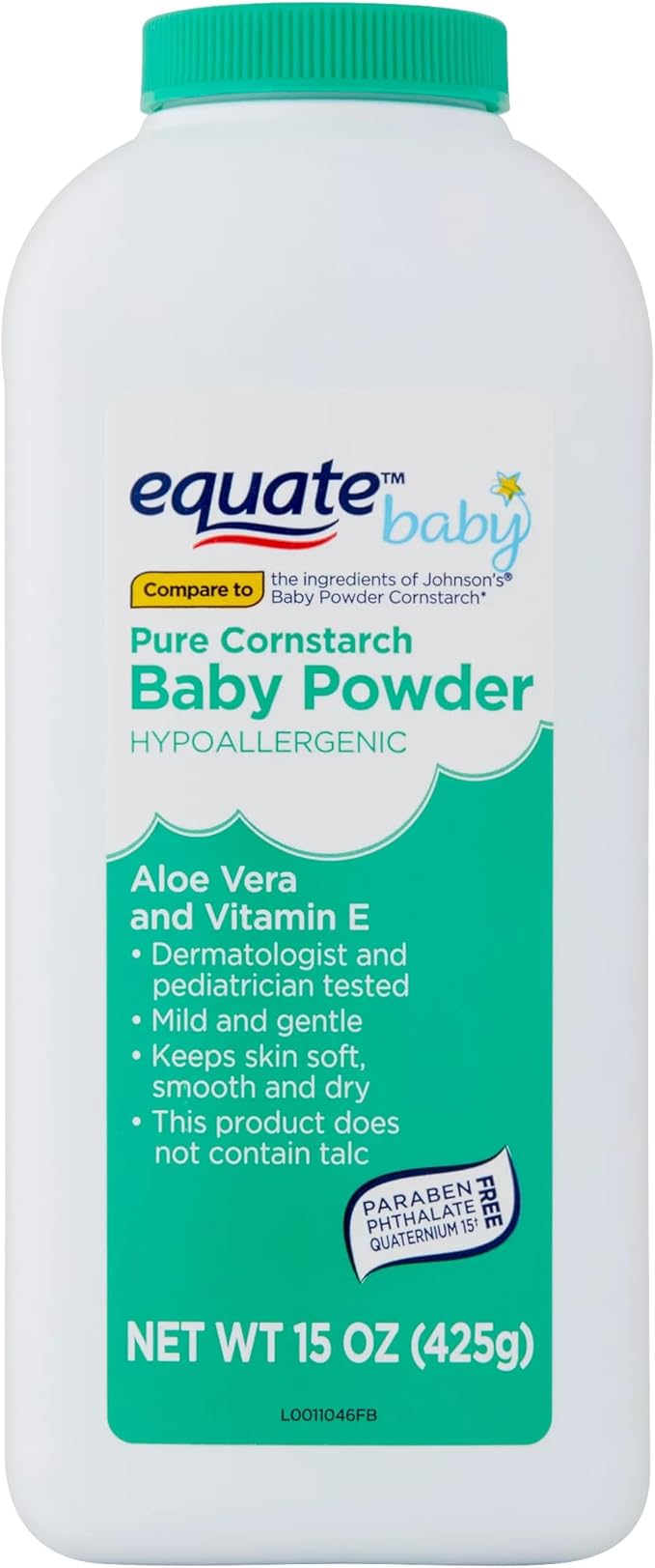 Pure Equate Cornstarch Baby Powder, Hypoallergenic, alloe Vera, Vitamin E, 15 oz Each, Pack of 2.