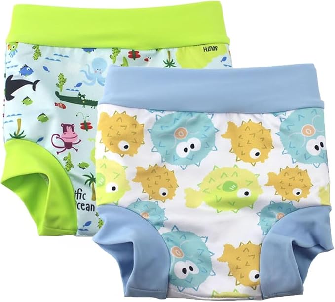 Swim Nappies for Baby Girls and Boys Reusable and Toddler Swim Diaper High-Waisted Swimming Shorts (12-18 Months, Light Blue+Green)