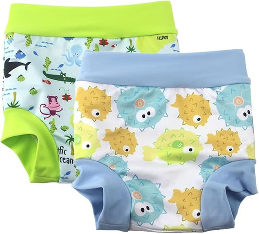 Swim Nappies for Baby Girls and Boys Reusable and Toddler Swim Diaper High-Waisted Swimming Shorts (18-24 Months, Light Blue+Green)