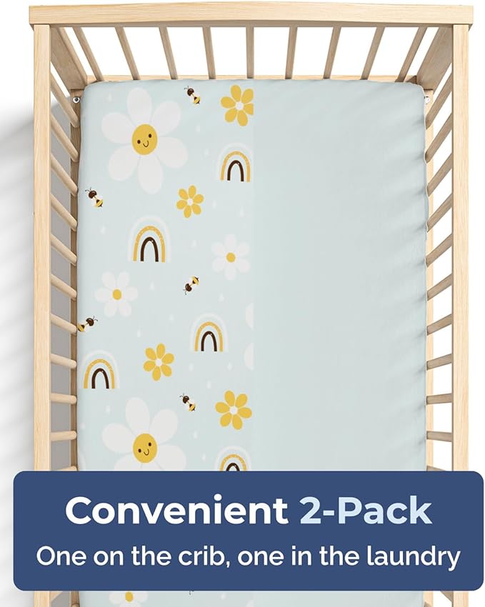 2-Pack Mini Crib Sheets Fitted - Pack N Play Sheets for Pack and Play Mattress - Stretchy Soft Microfiber Playard Bedding - Mini Toddler Bed Cover for Boys & Girls - Oeko-Tex, 38 x 24in, Rainbow Bloom