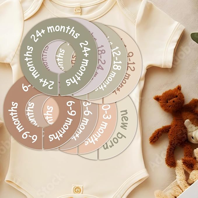 cephira Baby Closet Dividers for Clothes – Earth Tone Round Baby Clothes Dividers for Closet Rod, Nursery Closet Organizer & Decor, Clear Labels for Easy Sorting, Fits Most Rods