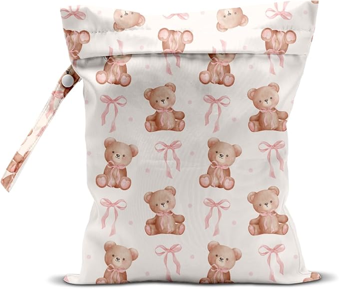 Wet Bag for Baby Swimsuit Kids Wet Dry Bag for Breast Pump Parts Diaper Bag Toiletries Daycare Organizer Beach Vacation Essentials Bear Pink Bow Travel Laundry Bags