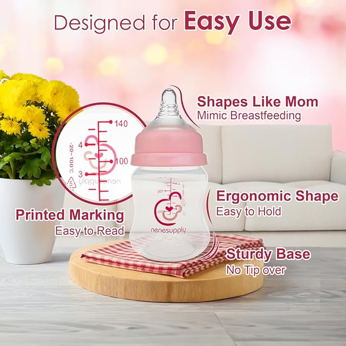 Nenesupply Natural Baby Bottles Newborn Flow Feeding Bottles Breastfeeding Bottle for Breastfed Babies Wide Neck 4.7oz Anti Colic Level 1 Nipple for 0+ Month Infant Replace Spectra Bottles for Pumping