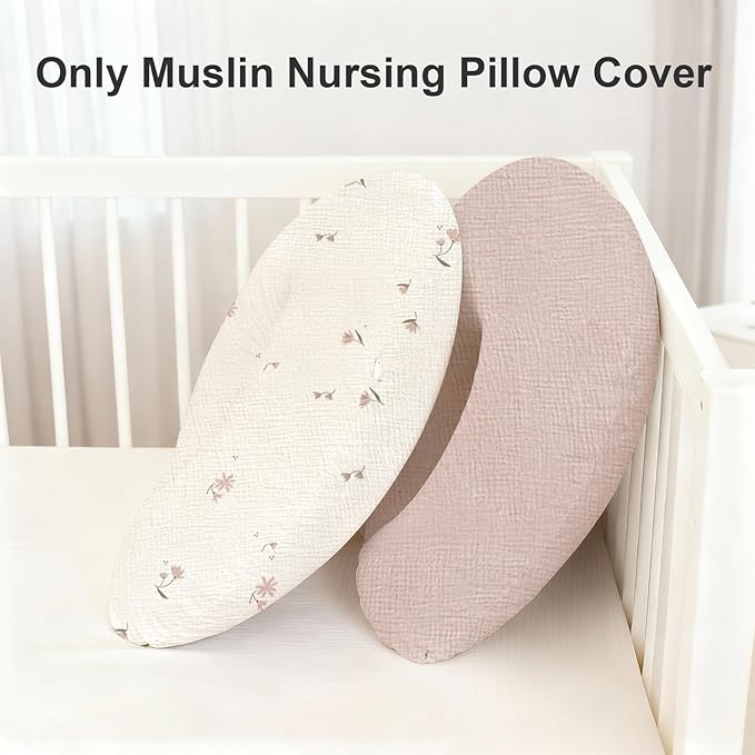 Little Grape Land Muslin Nursing Pillow Covers 2 Pack, 100% Cotton Removable Breastfeeding Pillow Covers, Feeding Pillow Slipcovers for Baby Boys & Girls, (Fog Flower & Rosy)