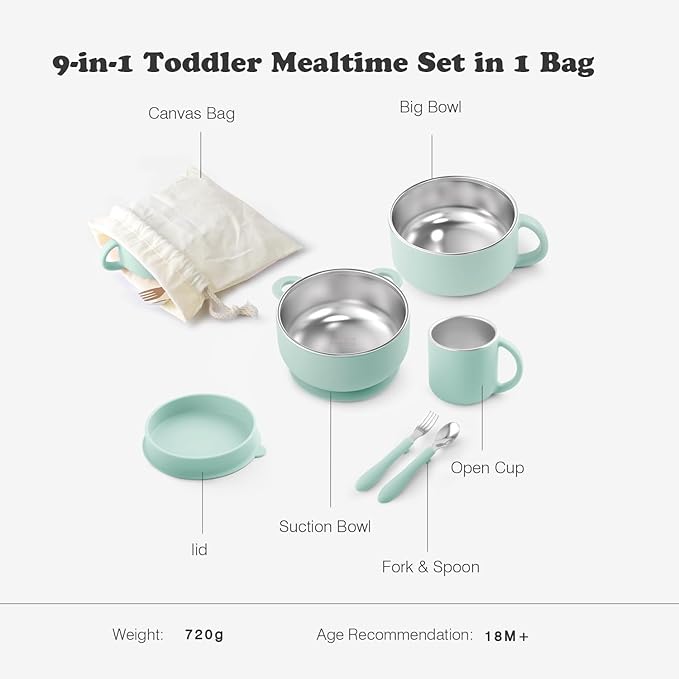 Bakpoco Kids Dinnerware Set - 6 Piese Toddler Plates and Suction Bowls Set with Kids Utensils&Cup, 2 IN 1 Stainless Steel & Silicone Baby Self Feeding Supplies, Sage
