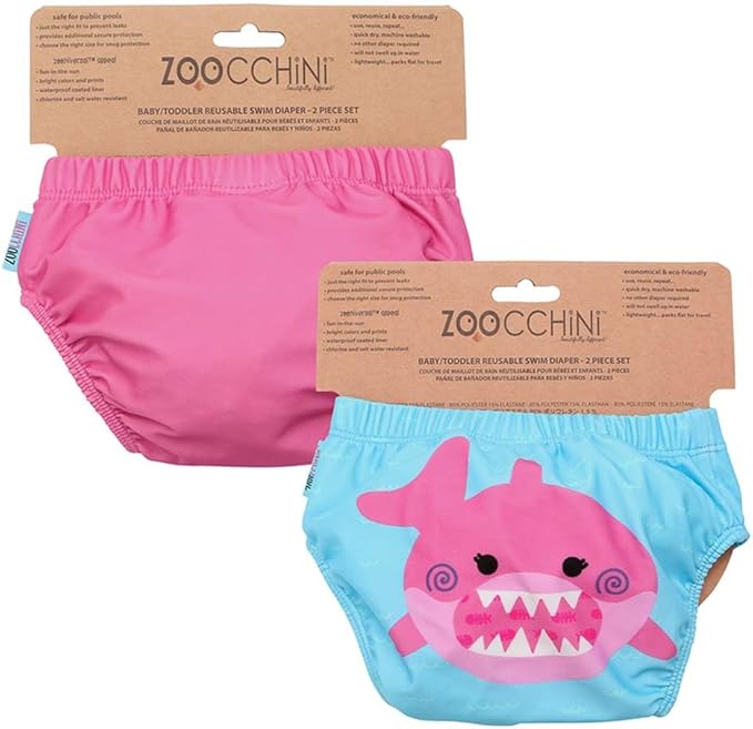 ZOOCCHINI Baby & Toddler Pack of 2 Reusable Swim Diapers – Waterproof with UPF 50+ Sun Protection, Chlorine & Salt Water Resistant, Leakproof Design - Sophie the Shark - 6-12 Months