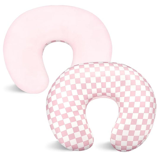 Nursing Pillow Cover 1 Pack, DAYEEBALL Double-Sided Removable Nursing Cover for Baby Girls Boys Newborn, Stretchy and Soft Reversible Slipcover for Breastfeeding Pillow, Pink Checkerboard (Only Cover)