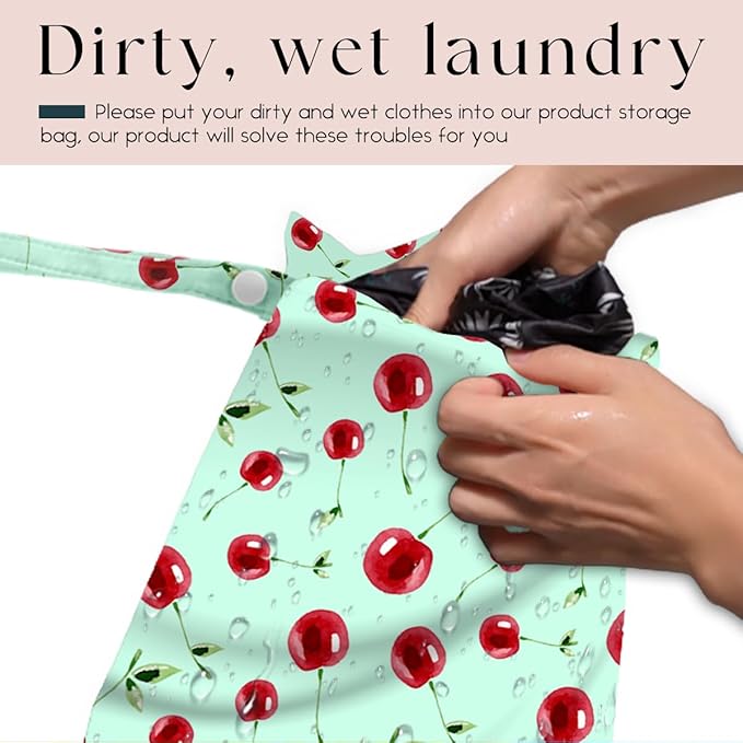 Wet Bag, Wet Dry Bag, Waterproof Swim Bags, Machine Washable Reusable Bags for Beach, Pool, Diapers, and Dirty Yoga Gym Clothes(Mint Green Watercolor Cherry Pattern