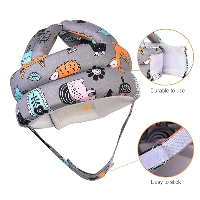 Baby Adjustable Helmet, Lightweight and Soft, with 3 Pairs Baby Knee Pads for Crawling & 3 Pairs Baby Socks, Great for Baby Learning to Walk and Crawl. Forest,Gray+6